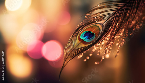 Iridescent peacock feather in vibrant colors on dark backdrop generated by AI photo