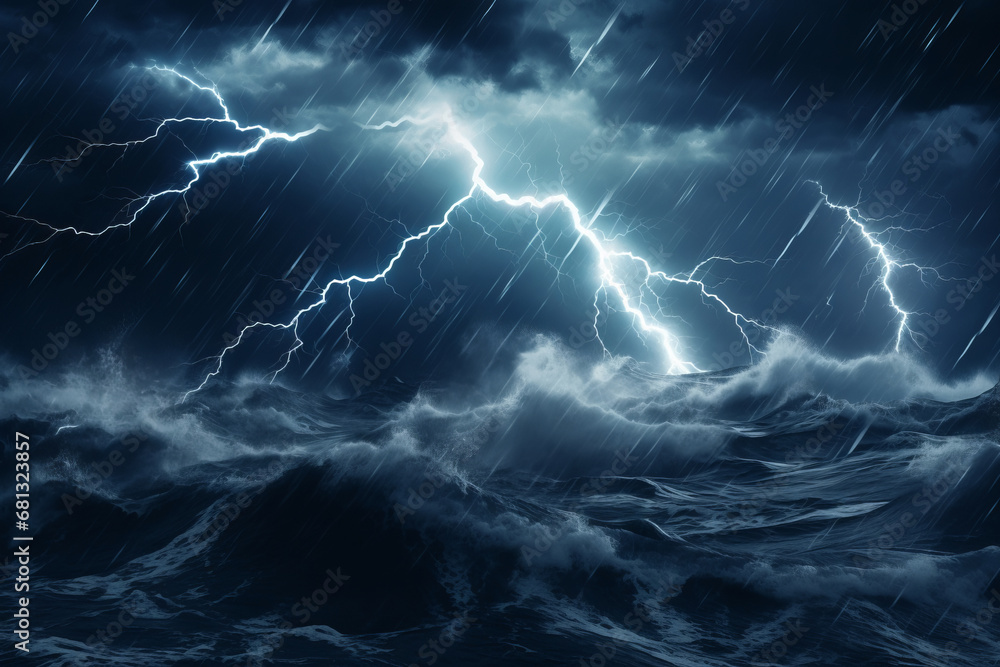 A captivating scene of a stormy ocean night with thunder and lightning, offering a dramatic view of the tempestuous maritime world. AI Generative.