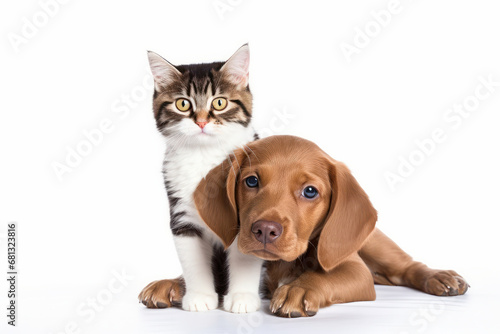 Capturing the pure bond between a cat and a dog as they cuddle together. Witness the love and friendship of these domestic pets. is AI Generative.