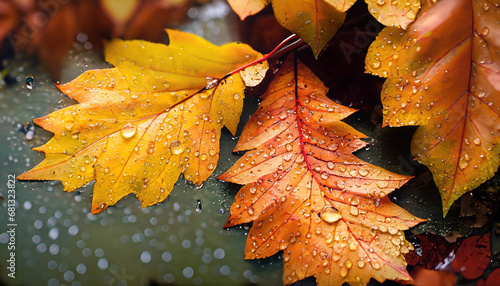 Autumn oak leaf with raindrops on the ground