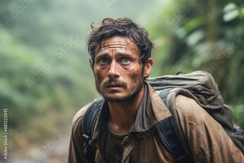 Portrait of scared man lost in rainforest