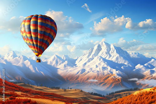 Experience the tranquility of a hot air balloon ride over a mountain range at dawn, with nature's beauty unfolding beneath. AI Generative.