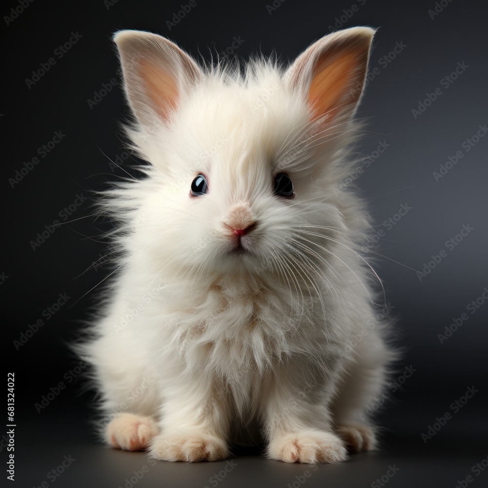 Photo of a fluffy white bunny with floppy ears. Generative AI