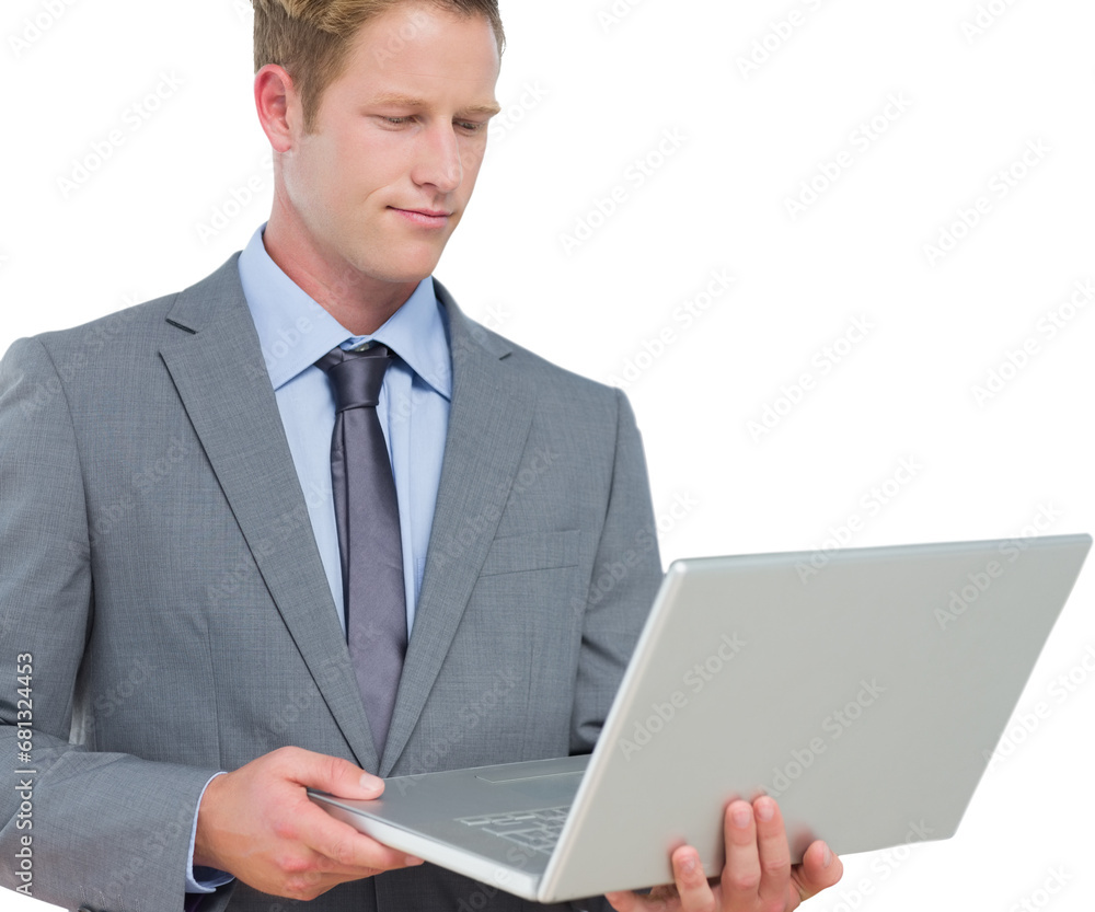 Digital png photo of caucasian businessman using laptop, copy space on transparent background Digital png photo of caucasian businessman using laptop, copy space on transparent background