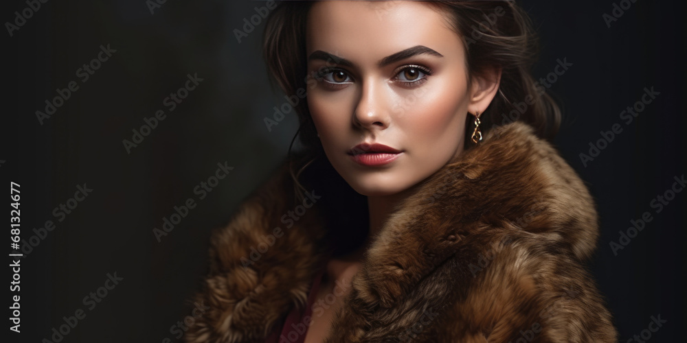 Portrait of beautiful young woman in luxury fur coat. Beauty, fashion. Beauty Sexy Girl in fur coat on a black background Portrait of beautiful young woman in luxury fur coat. Beauty, fashion. Beauty Sexy Girl in fur coat on a black background