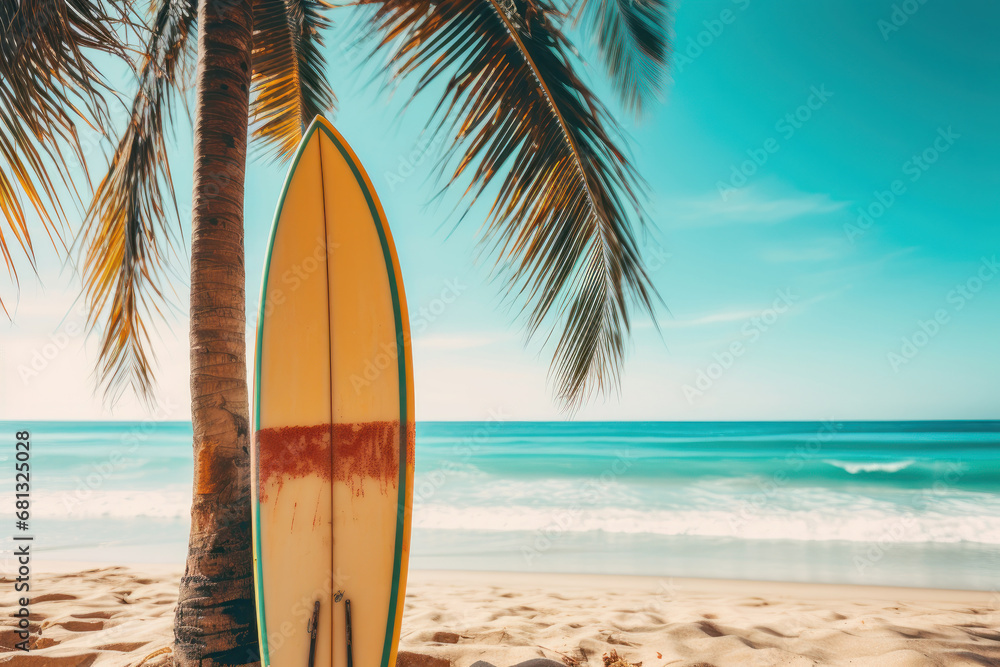 A surfboard against a palm tree on a sunny beach, capturing the  