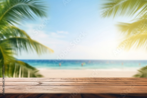 Tranquil scene  an empty wooden table by the ocean in the tropics. Paradise found with palm trees  a beautiful horizon  and a serene beach. Is AI Generative.