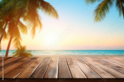 Tropical tranquility on an empty wooden table by the ocean. Paradise found with a serene beach, palm trees, and a sunny horizon. Is AI Generative.