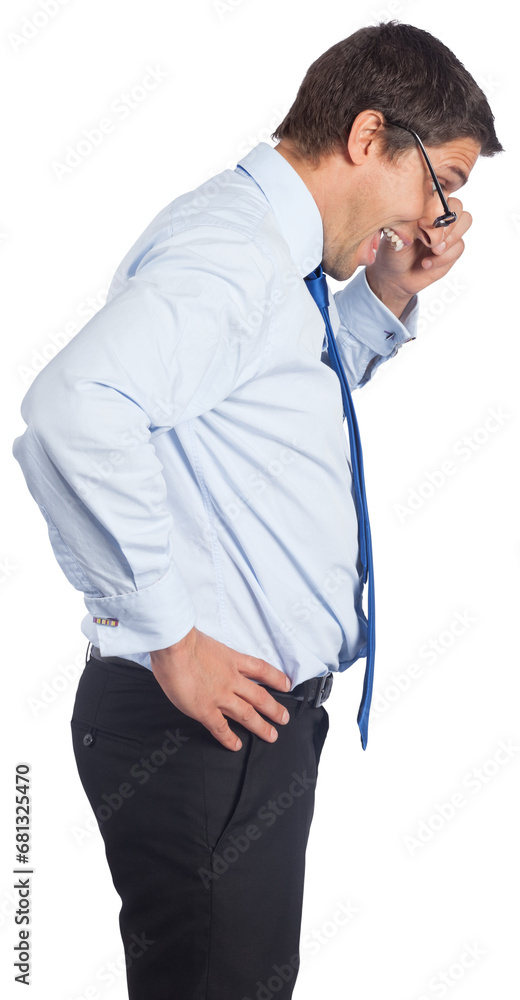 Digital png photo of happy caucasian businessman looking down with glasses on transparent background Digital png photo of happy caucasian businessman looking down with glasses on transparent background