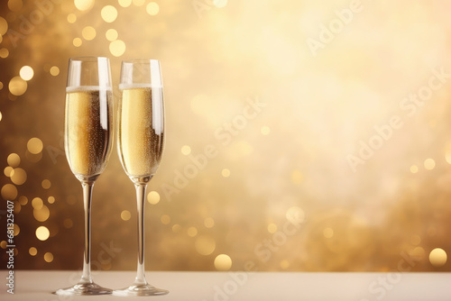 Champagne glasses on a table with a festive backdrop. Luxurious, bubbly, and ready for a celebration. AI Generative magic captures the essence of joy.