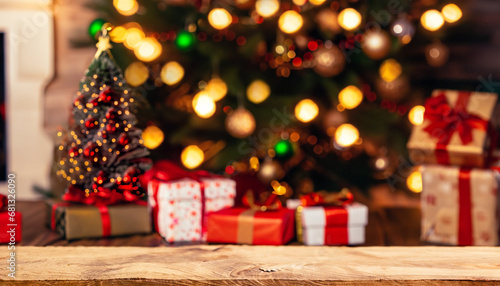 An empty wooden table. Wooden surface on the background of a decorated Christmas tree. Festive, New Year, Christmas background. The backdrop. Home interior. Evening. Garland. Defocus lights.