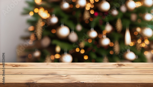 An empty wooden table. Wooden surface on the background of a decorated Christmas tree. Festive, New Year, Christmas background. The backdrop. Home interior. Evening. Garland. Defocus lights.