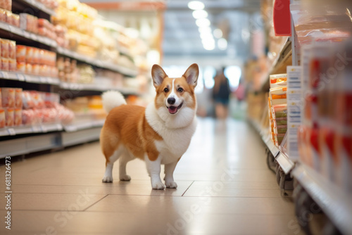 Cute Welsh Corgi dog standing in pet store