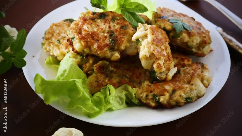 cooked vegetarian fried cauliflower cutlets, in a plate . cooked vegetarian fried cauliflower cutlets, in a plate .