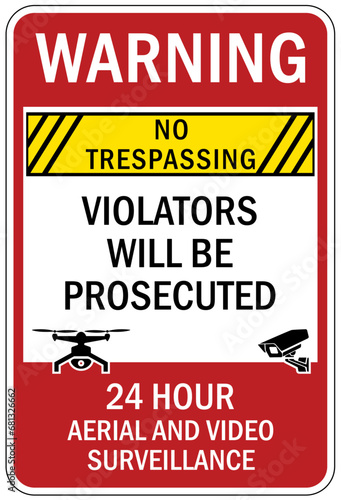 Drone liability sign no trespassing, violators will be prosecuted. 24 hour aerial and video surveillance
