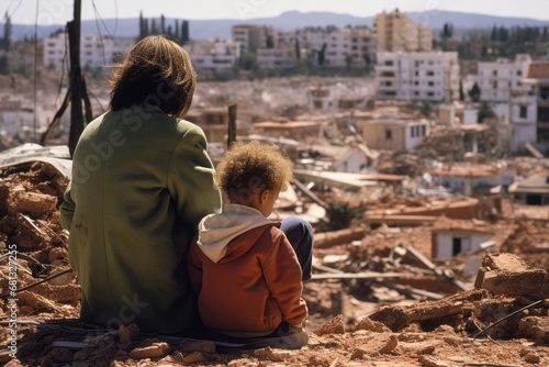 mother and daugher standing in front of collapsed building after Ruins of a city struck the east side, destroying homes, buildings and facilities
