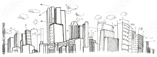 Digital png illustration of sketch with buildings on transparent background