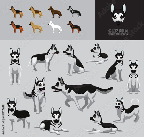 Dog German Shepherd Silver Coat Cartoon Vector Illustration Color Variation Set