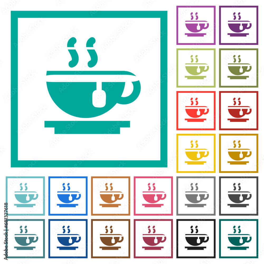 Cup of tea flat color icons with quadrant frames Cup of tea flat color icons with quadrant frames