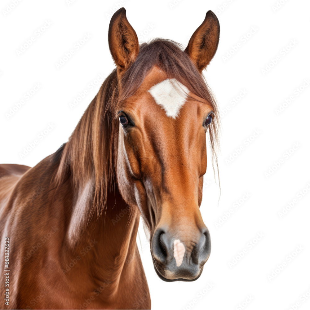 A Majestic Brown Horse with a Striking White Mark on its Face . Transparent background cutout. PNG file A Majestic Brown Horse with a Striking White Mark on its Face . Transparent background cutout. PNG file