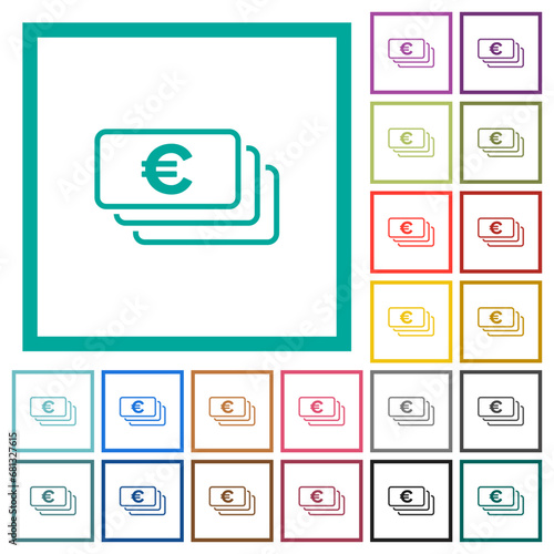 European Euro banknotes outline flat color icons with quadrant frames