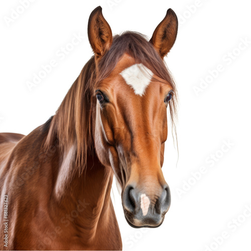 A Majestic Brown Horse with a Striking White Mark on its Face . Transparent background cutout. PNG file