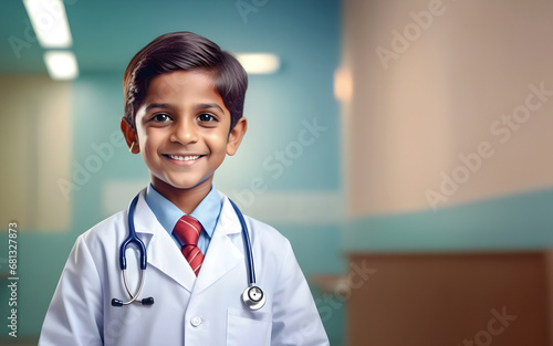 Indian little boy dressed up as a doctor, professional portrait photo