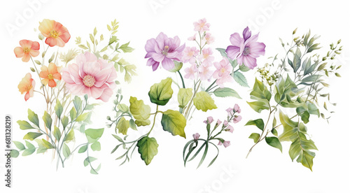 Beautiful watercolor painting of a set of watercolor flowers and leaves, Generative AI