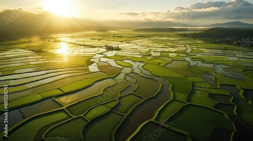 sunrise on paddy field, aerial view, top view, green natire background photo
