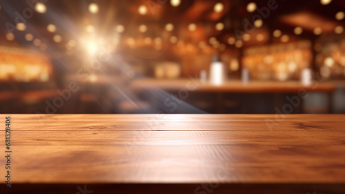 an empty tabletop podium in a restaurant with a blurred background with a copy of the evening bar space. © kichigin19
