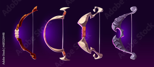 Archery bow made of stone, wood or animal bone with magical powers. Cartoon vector illustration set of game fantasy shooting weapon with decorative elements and bowstring for rpg rank or level.