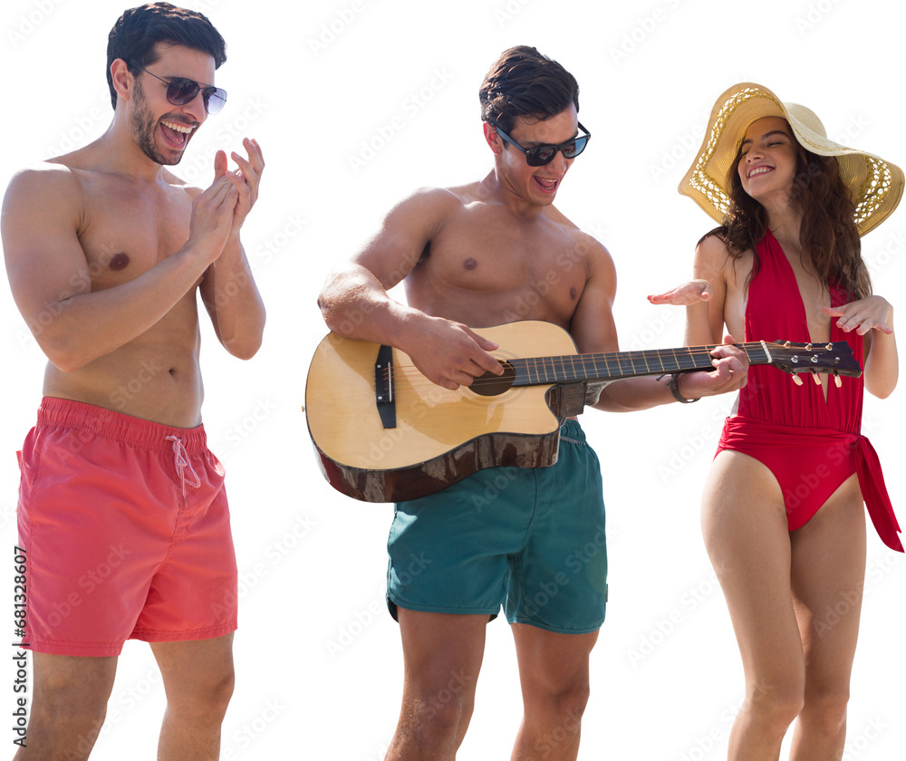 Fototapeta premium Digital png photo of three smiling caucasian friends playing guitar on transparent background