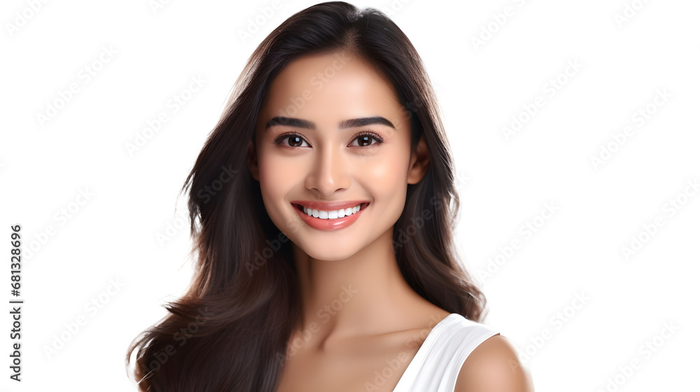 a closeup photo portrait of a beautiful young asian indian model woman smiling with clean teeth. used for a dental ad. isolated on white background. a closeup photo portrait of a beautiful young asian indian model woman smiling with clean teeth. used for a dental ad. isolated on white background.