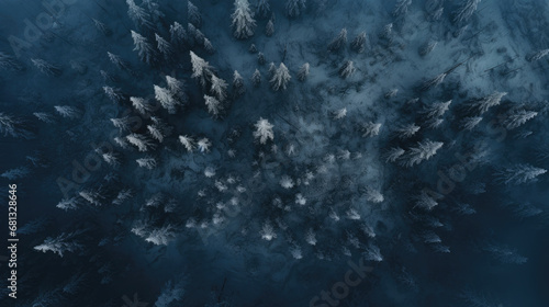 aerial view of misty snow forest, snow covered branches of a tree, nature winter background, top view
