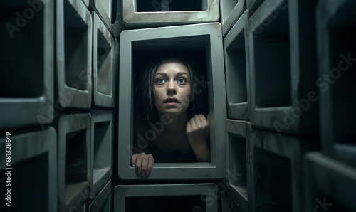 claustrophobia concept, women trapped in confined spaces
