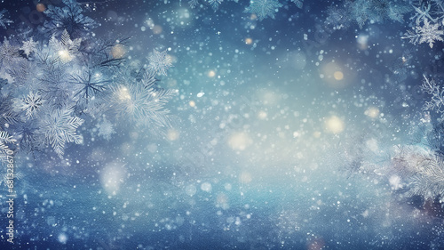 abstract blue snowflakes falling winter weather blurred background. © kichigin19