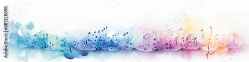 abstract musical long narrow background with notes watercolor. photo