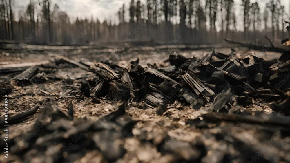 Closeup charred remains left behind after burn, once towering pile wooden debris reduced manageable safe level.