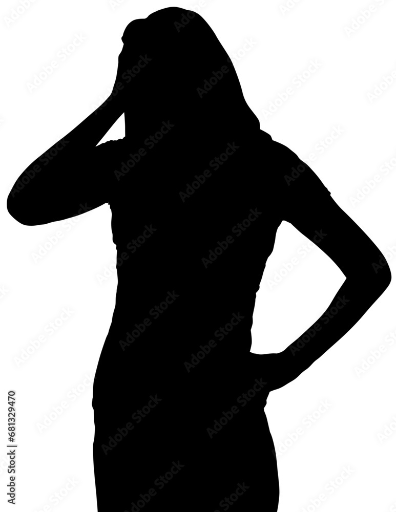 Digital png illustration of silhouette of sportswoman with hand on head on transparent background