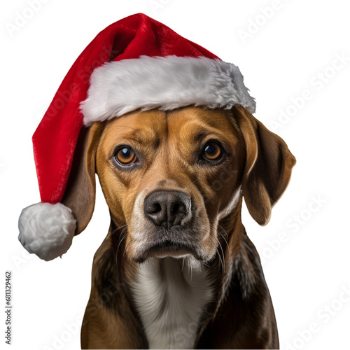 A Festive Pup in a Santa Hat, Celebrating the Holidays with Joy and Charm . Transparent background cutout. PNG file