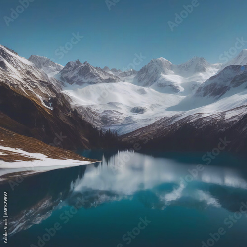 crystal clear lake in front of high snow-capped mountains