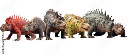 A Lineup of Spiky-Headed Toy Dinosaurs . Transparent background cutout. PNG file