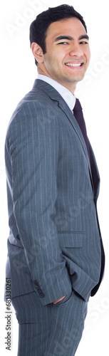 Digital png photo of happy biracial businessman standing on transparent background