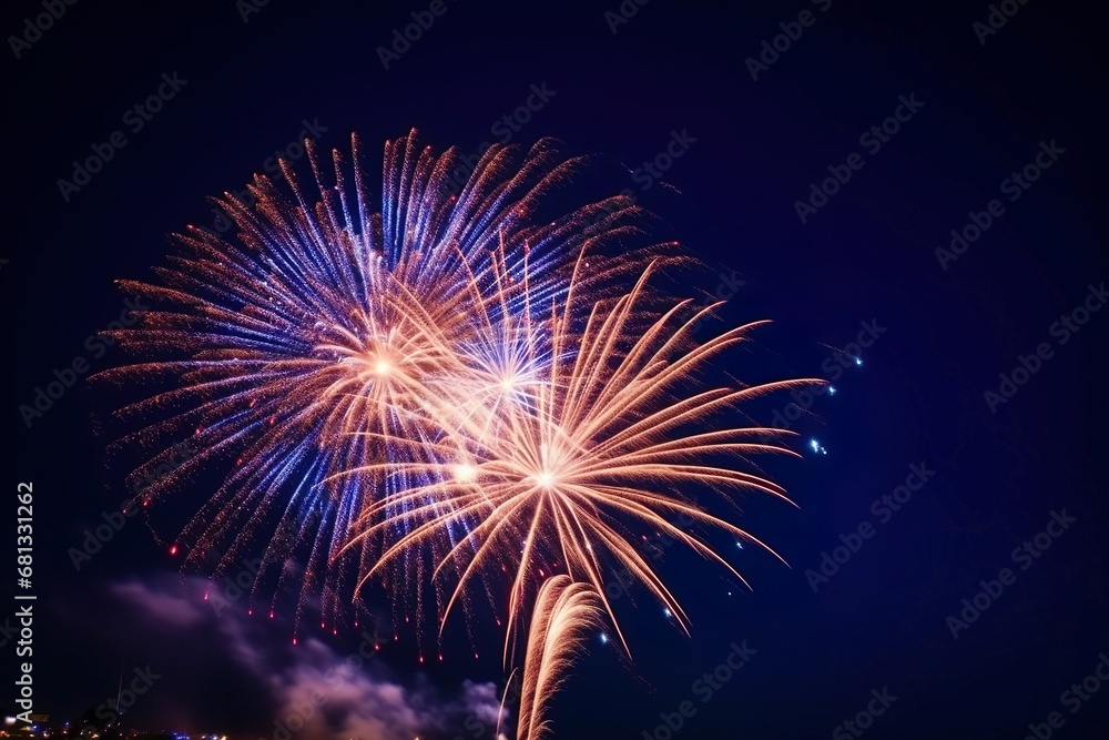 Happy new year celebration pyrotechnics and fireworks on dark background Happy new year celebration pyrotechnics and fireworks on dark background