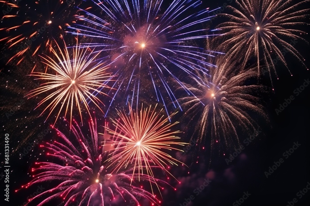 Happy new year celebration pyrotechnics and fireworks on dark background Happy new year celebration pyrotechnics and fireworks on dark background