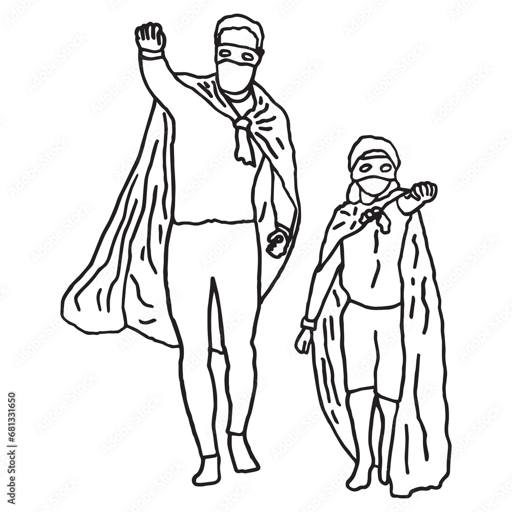 Digital png illustration of father and son in capes and masks on transparent background