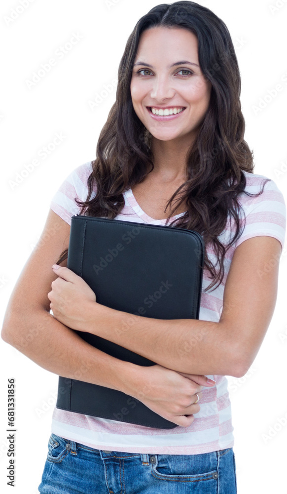 Digital png photo of happy caucasian woman with notebook on transparent background Digital png photo of happy caucasian woman with notebook on transparent background