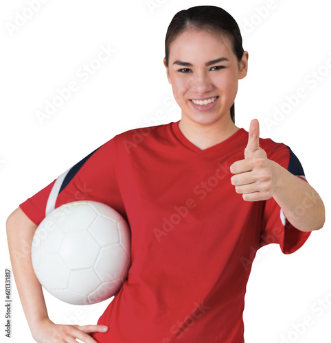 Digital png photo of happy biracial sportswoman holding ball on transparent background