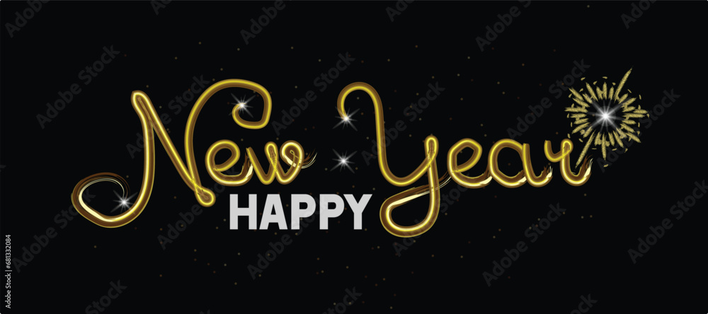 2024 Happy New Year clock countdown background. Gold glitter shining in light with sparkles abstract celebration. Greeting festive card vector illustration. Merry holiday poster or wallpaper design