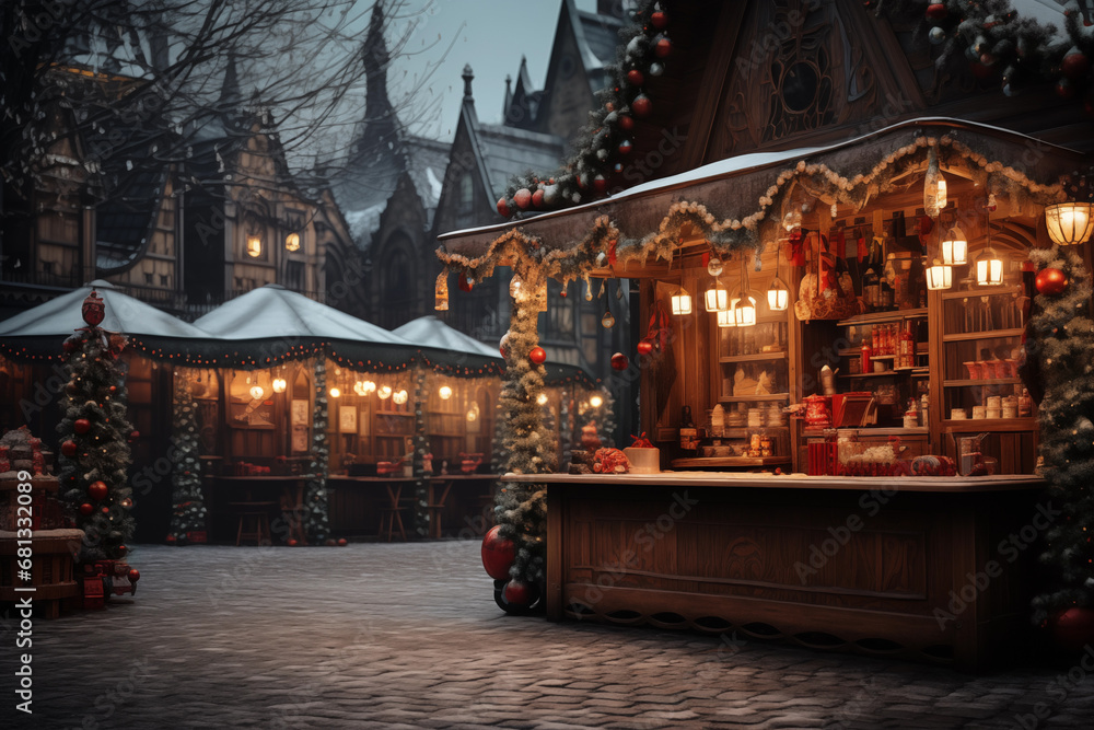 Christmas market with cute decorated stalls illuminated with festive lights on evening winter street. cozy atmosphere